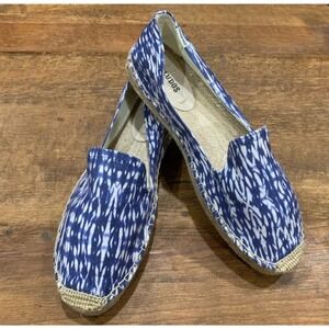 Soludos Women’s Flat Slip On Espadrille Blue White Ikat Print Jute Trim 9.5 NEW